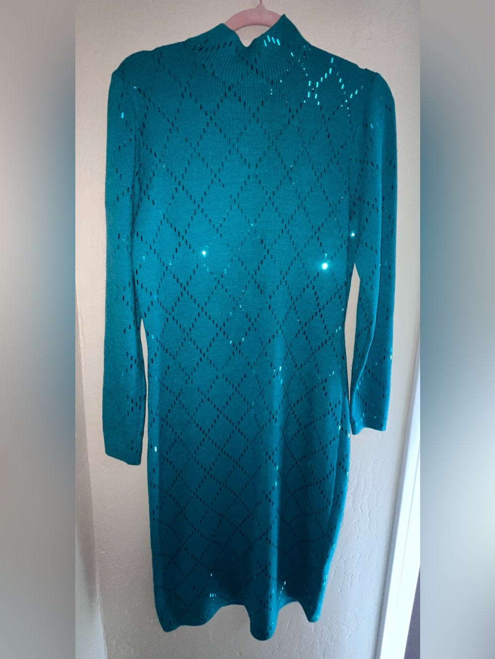 St. John Teal Openwork Knit Long Sleeve Dress
